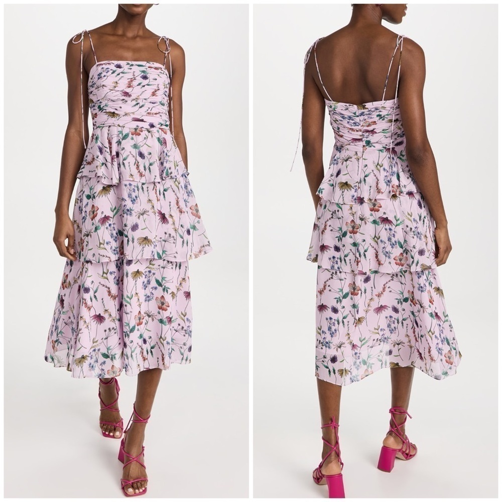 NWT AMUR Acacida Tie Shoulder Ruffle Midi Dress in Lilac Lily Dreamy Wildflower